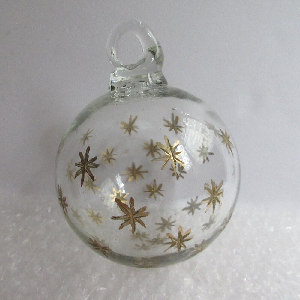 Crate & Barrel Gold Etched Star Ball Hand-Blown Art Glass Christmas Ornament 3"